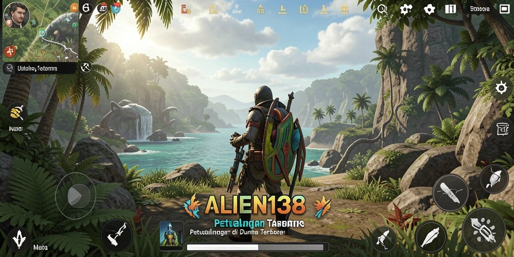 Screenshot menunjukkan gameplay ALIEN138 di dunia terbuka yang luas.