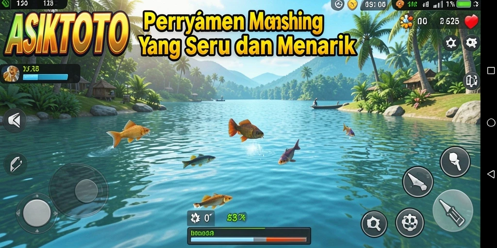 Screenshot utama gameplay ASIKTOTO menampilkan suasana memancing yang indah.